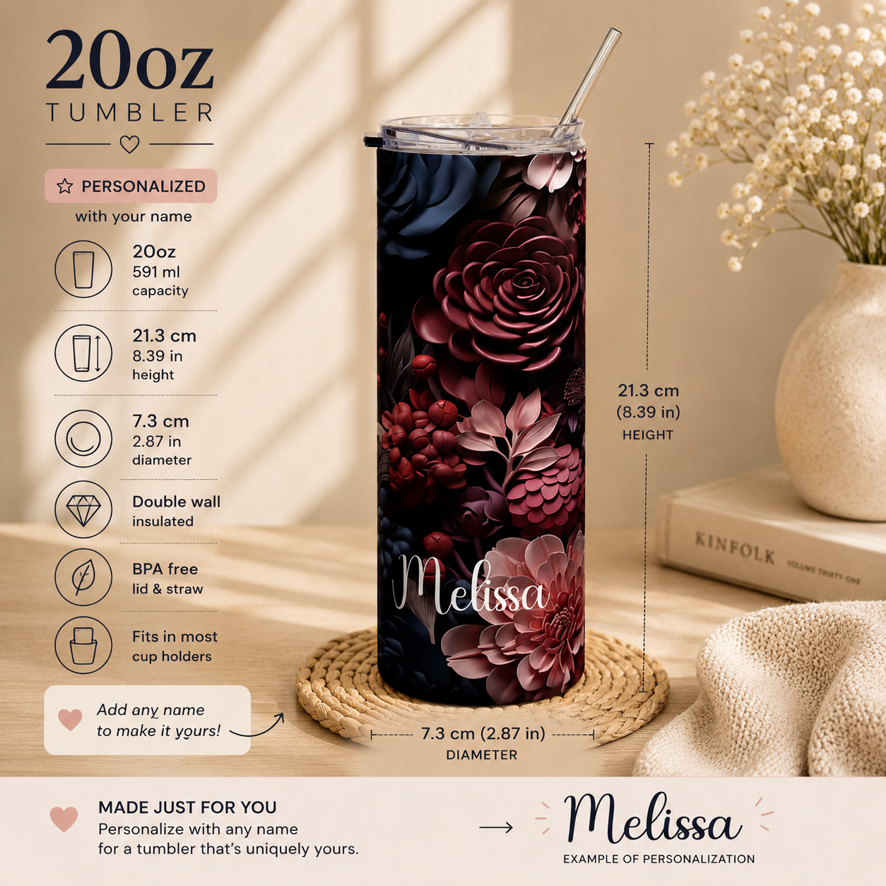 Dark floral name tumbler styled on a table in a moody lifestyle scene