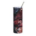 Personalized dark floral skinny tumbler with metal straw and a name in white script