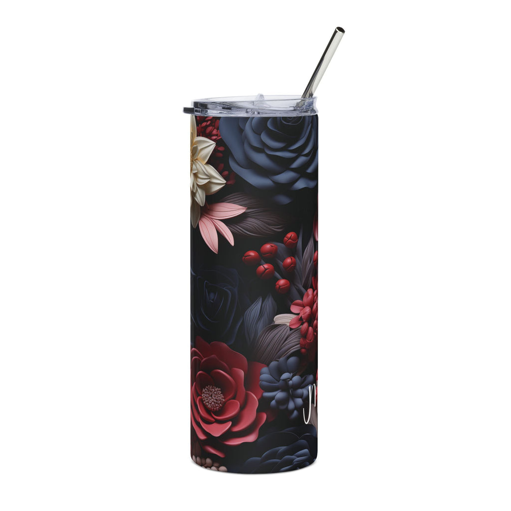 Side view of the dark floral skinny tumbler showing burgundy and navy blooms wrapping around