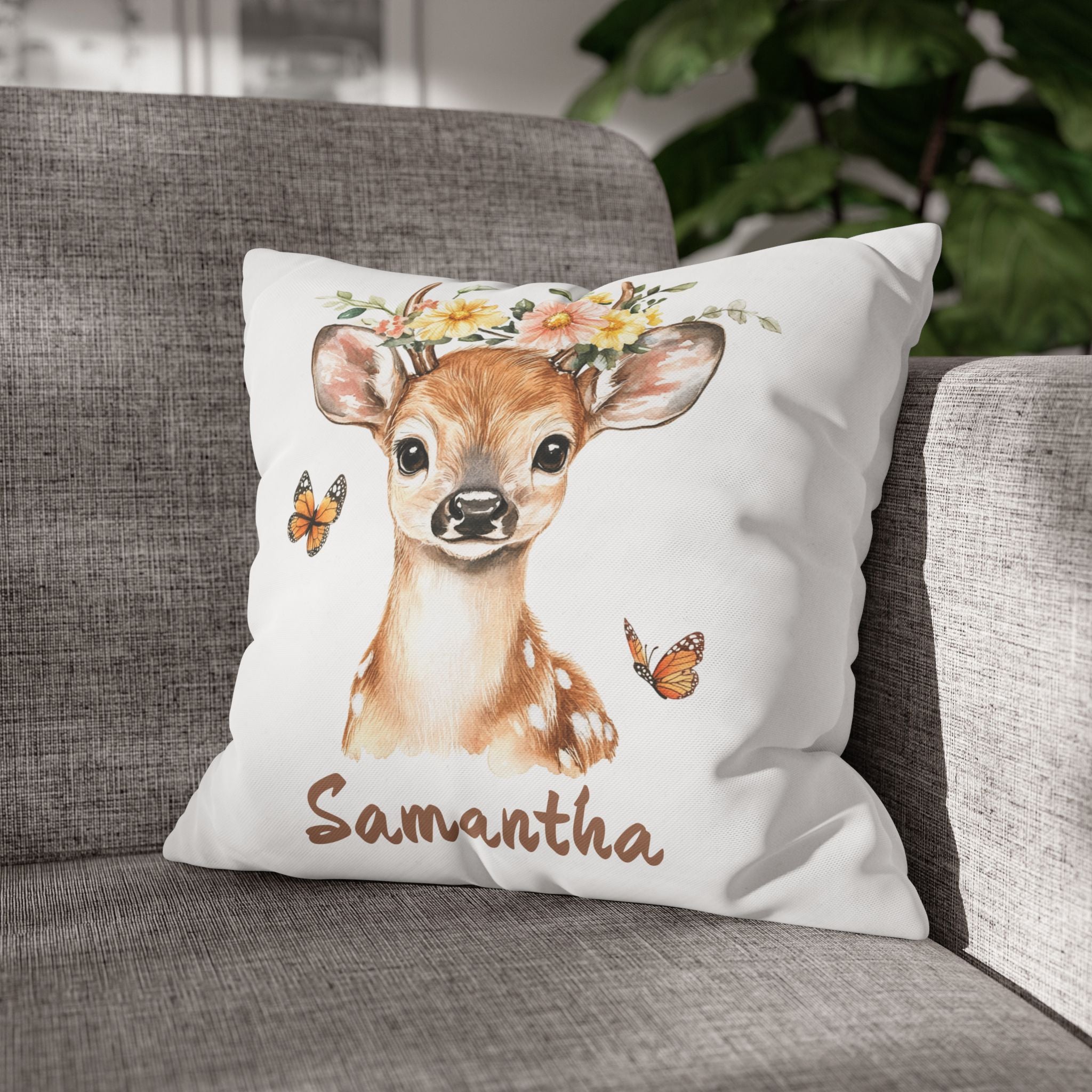 Close-up of the soft canvas fabric of the deer nursery pillow