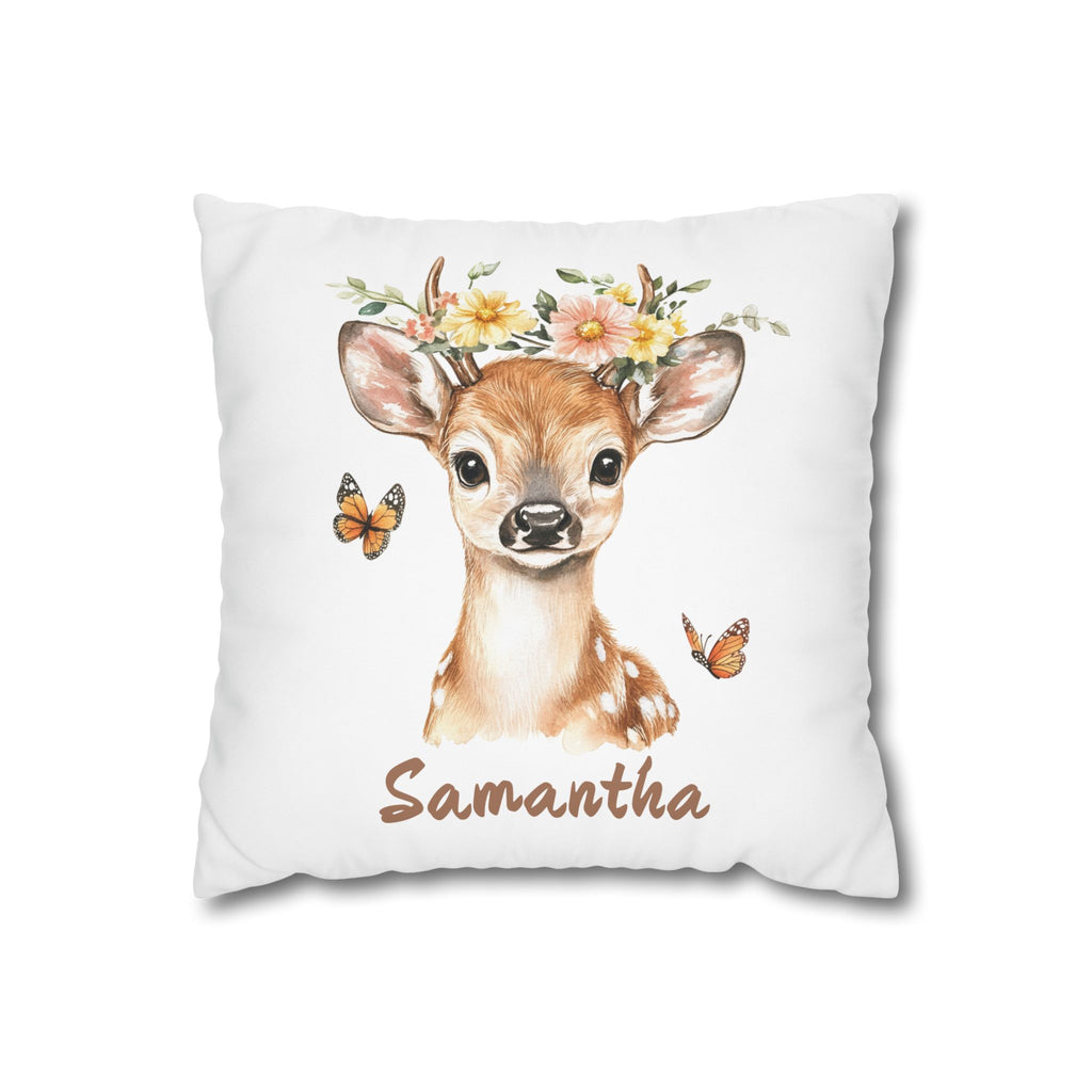 Personalized nursery pillow with a watercolour baby deer, flowers and butterflies, and a custom child's name