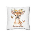Personalized nursery pillow with a watercolour baby deer, flowers and butterflies, and a custom child's name
