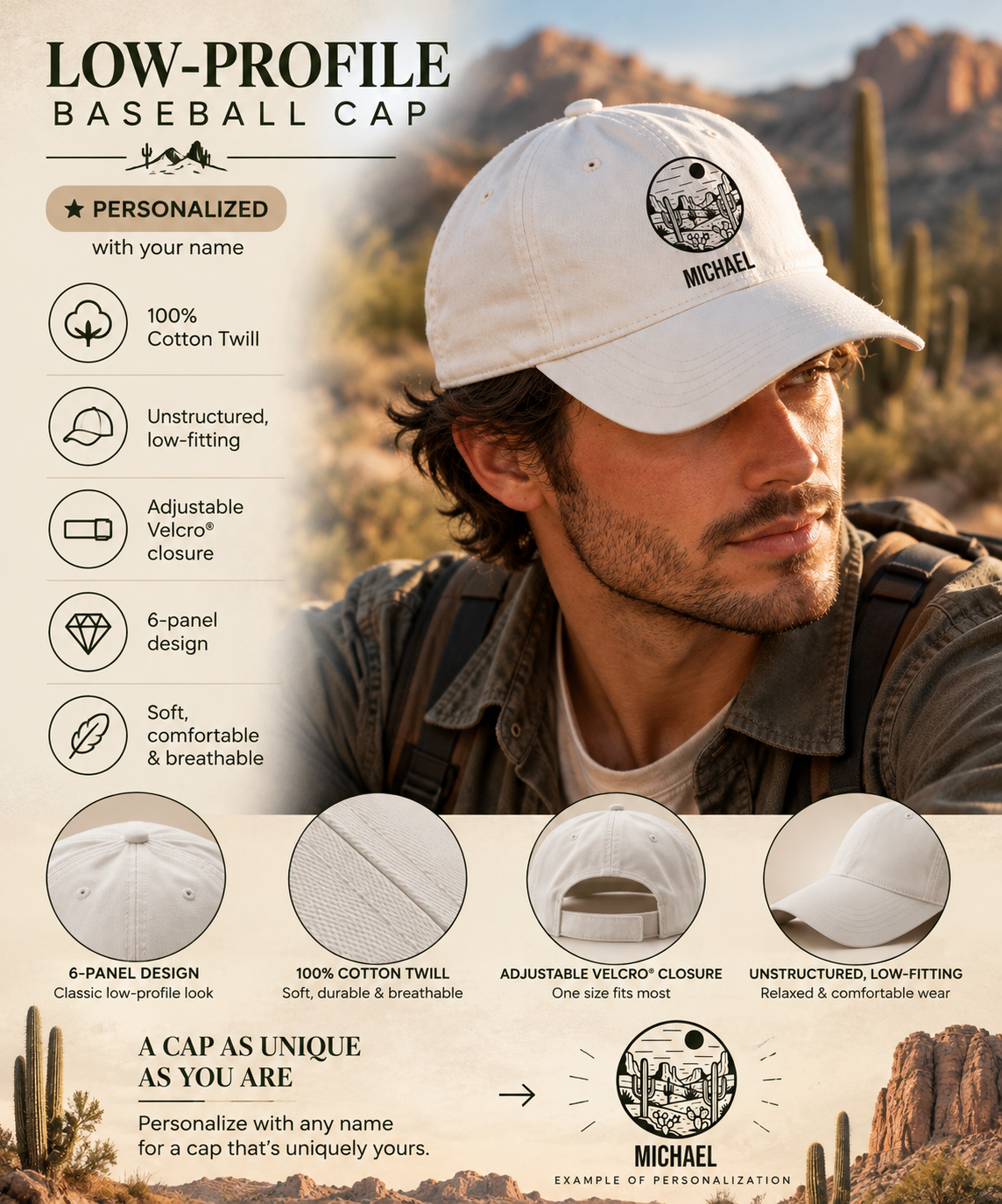 Infographic of the personalized desert cactus cap: 100% cotton twill, 6-panel unstructured low-profile fit, adjustable Velcro closure