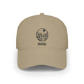 Khaki personalized desert cactus cap with detailed line-art desert scene with saguaro cacti, mesas and a sun in a round badge and the name Michael, front view