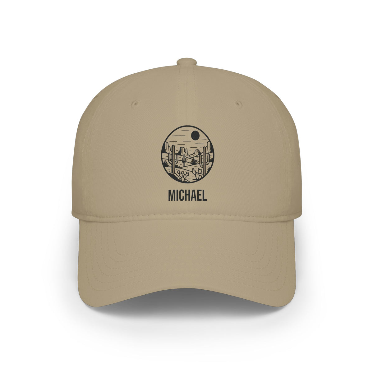 Khaki personalized desert cactus cap with detailed line-art desert scene with saguaro cacti, mesas and a sun in a round badge and the name Michael, front view