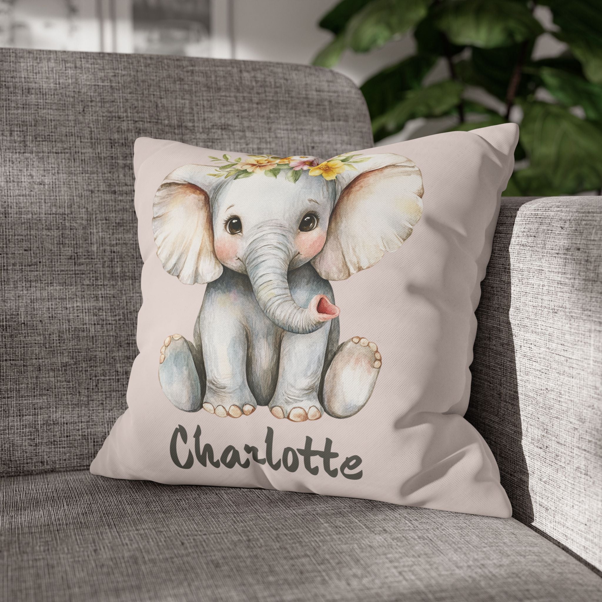 Close-up of the soft canvas fabric of the elephant nursery pillow