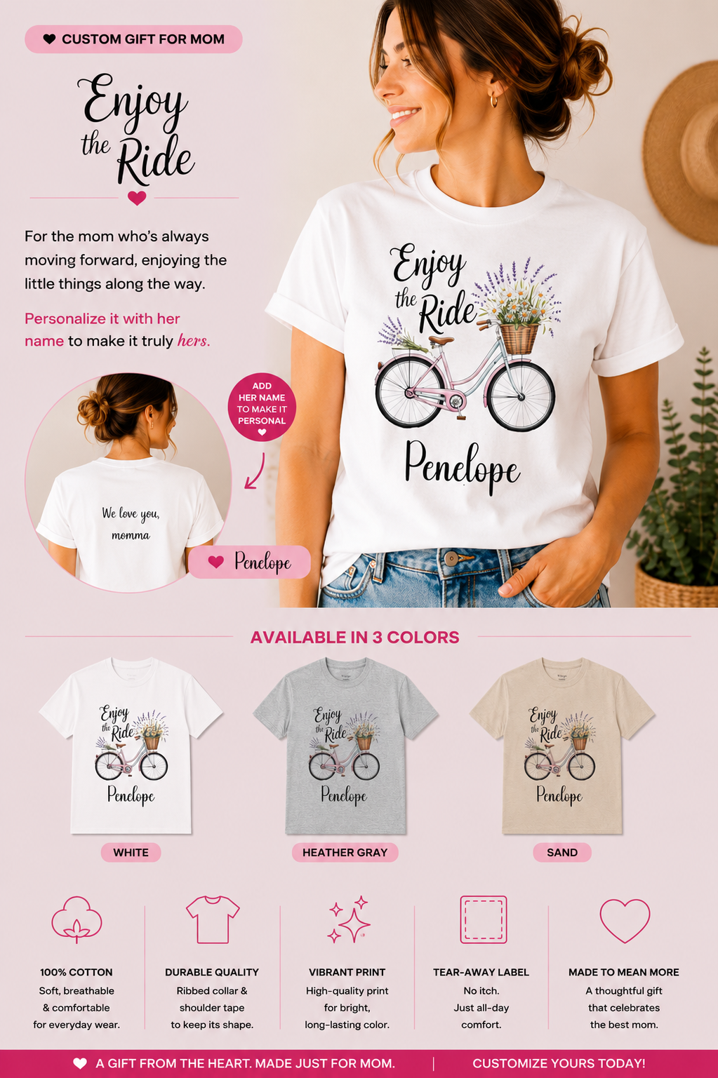 A promotional graphic for a customizable graphic t-shirt. The main image features a woman wearing a white t-shirt with a bicycle design and the text 'Enjoy the Ride' and 'Penclope'.