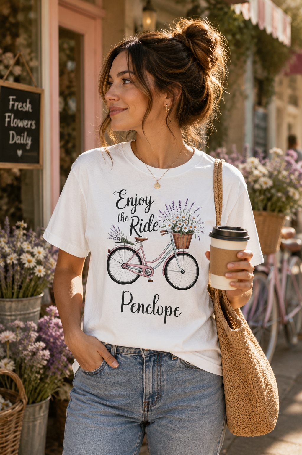 A woman wearing a white graphic t-shirt with a bicycle and the text 'Enjoy the Ride Pendeple' stands in a flower shop holding a coffee cup and wearing a woven shoulder bag.