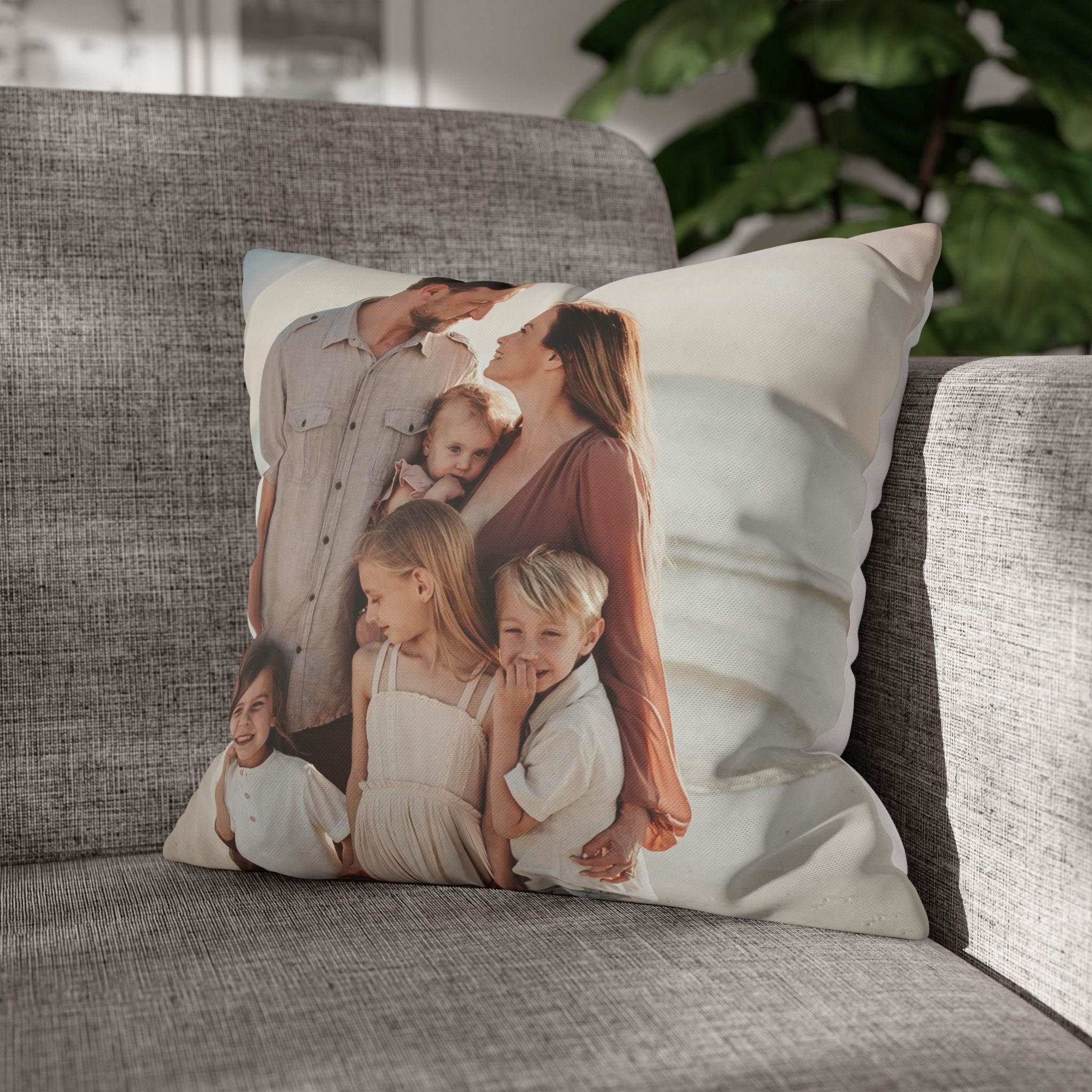 Close-up of the fine-weave canvas fabric of the family photo pillow