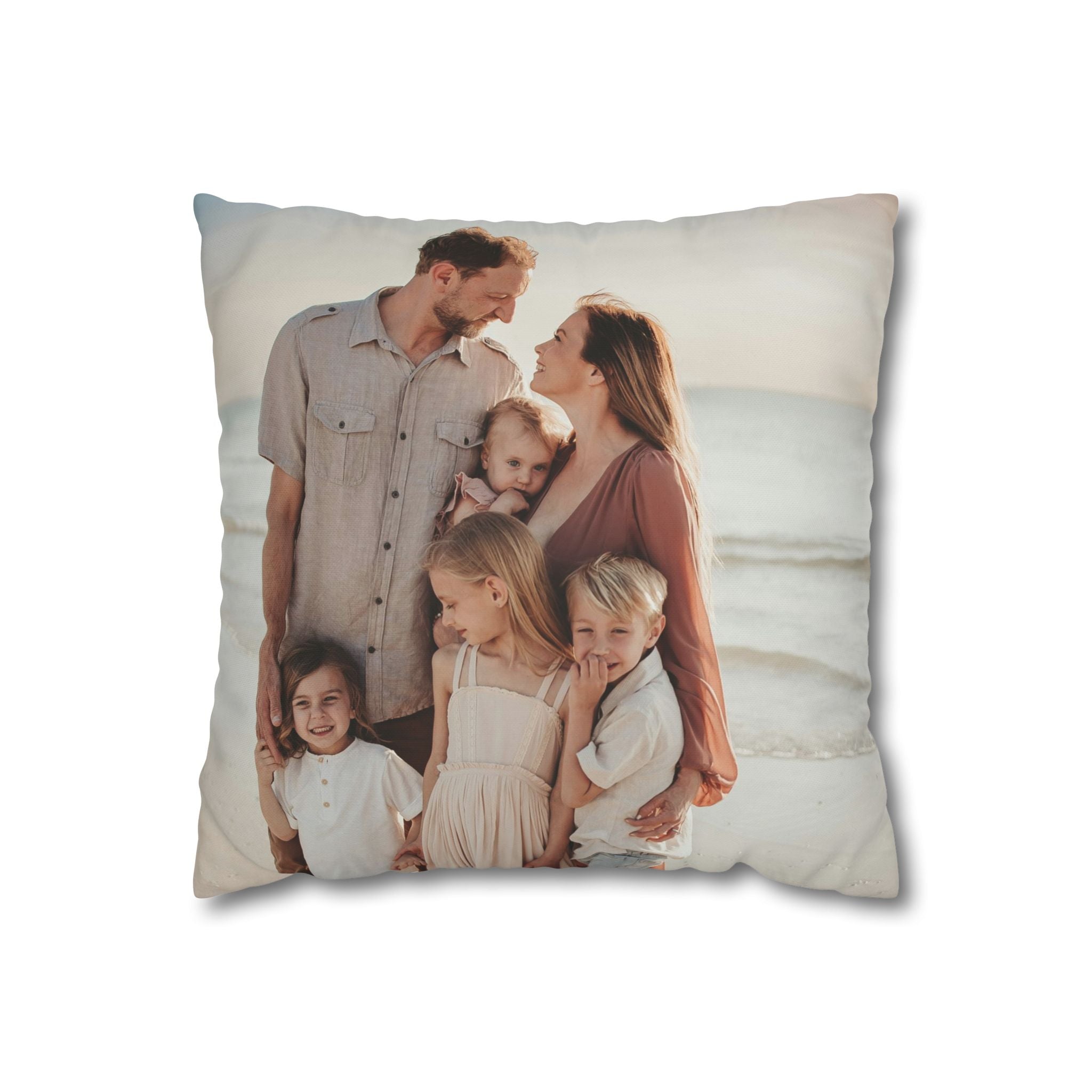 Personalized canvas photo pillow showing an uploaded family photo printed in full color