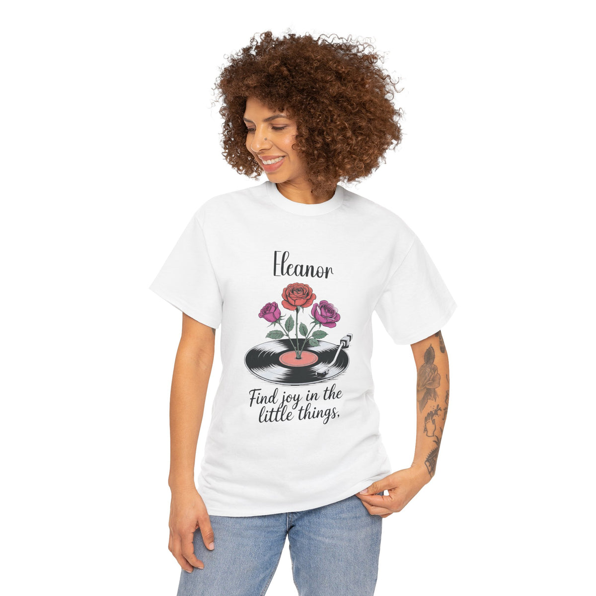 Model wearing the personalized Find Joy in the Little Things t-shirt