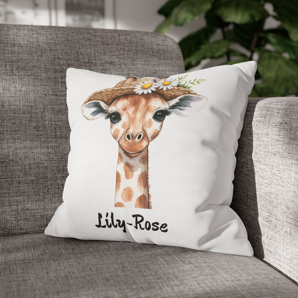 Close-up of the soft canvas fabric of the giraffe nursery pillow