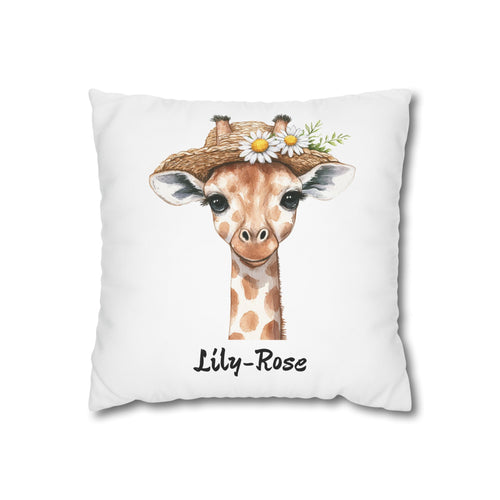 Personalized nursery pillow with a watercolour baby giraffe in a straw hat and a custom child's name
