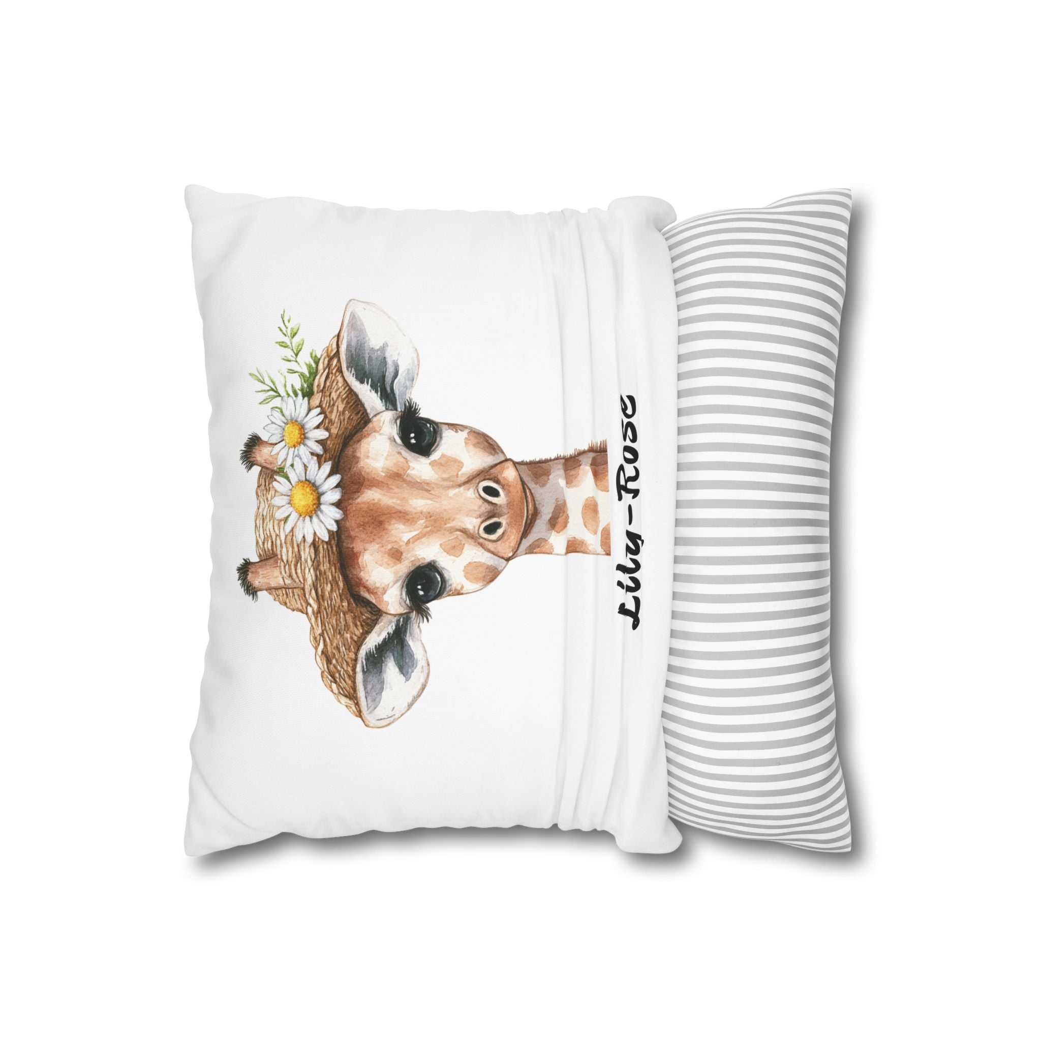 Baby giraffe name pillow styled on a nursery chair