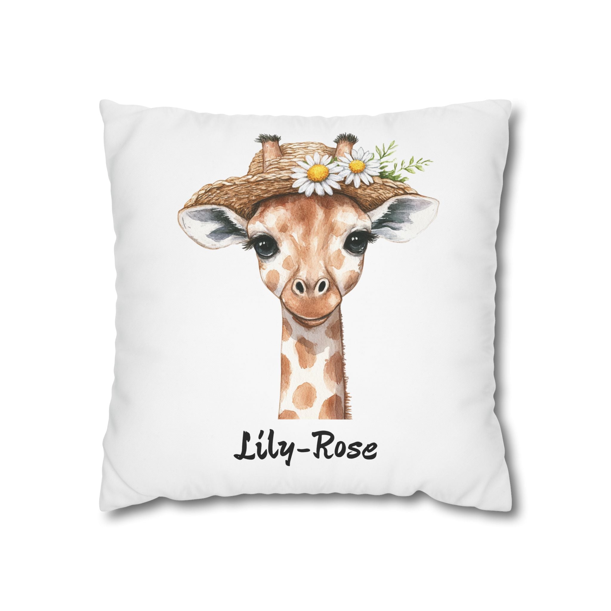Personalized baby giraffe nursery pillow resting on a child's bed