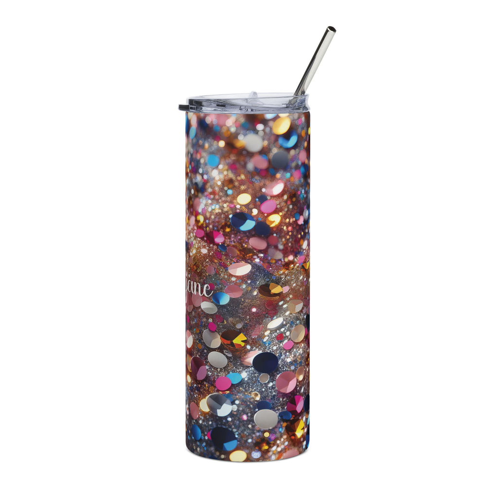 Personalized sparkle tumbler shown from another angle to display the full glitter-look design