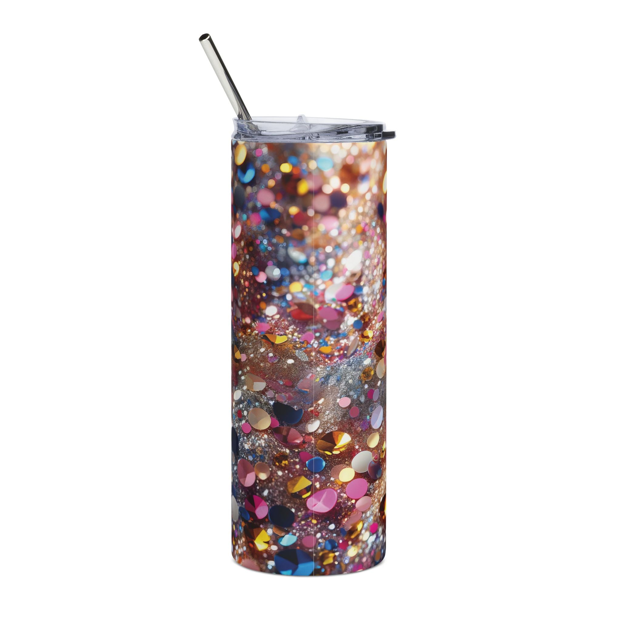 Close-up of the clear lid and metal straw on the glitter-look stainless steel tumbler