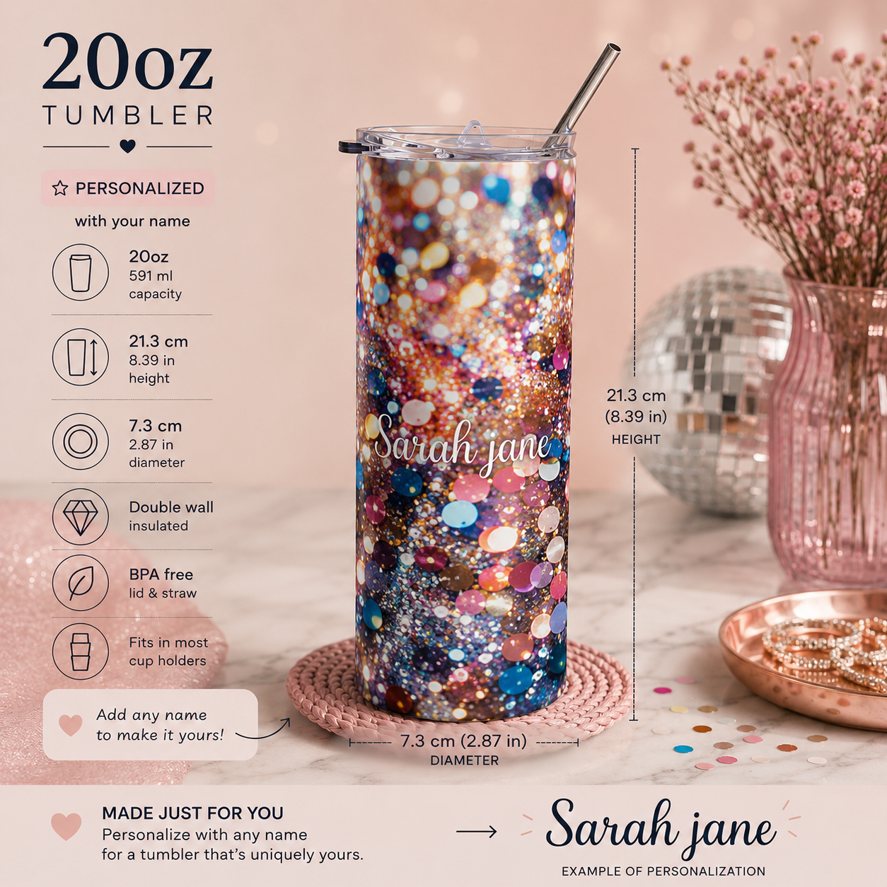 Colorful glitter-look name tumbler styled on a vanity in a glam lifestyle scene