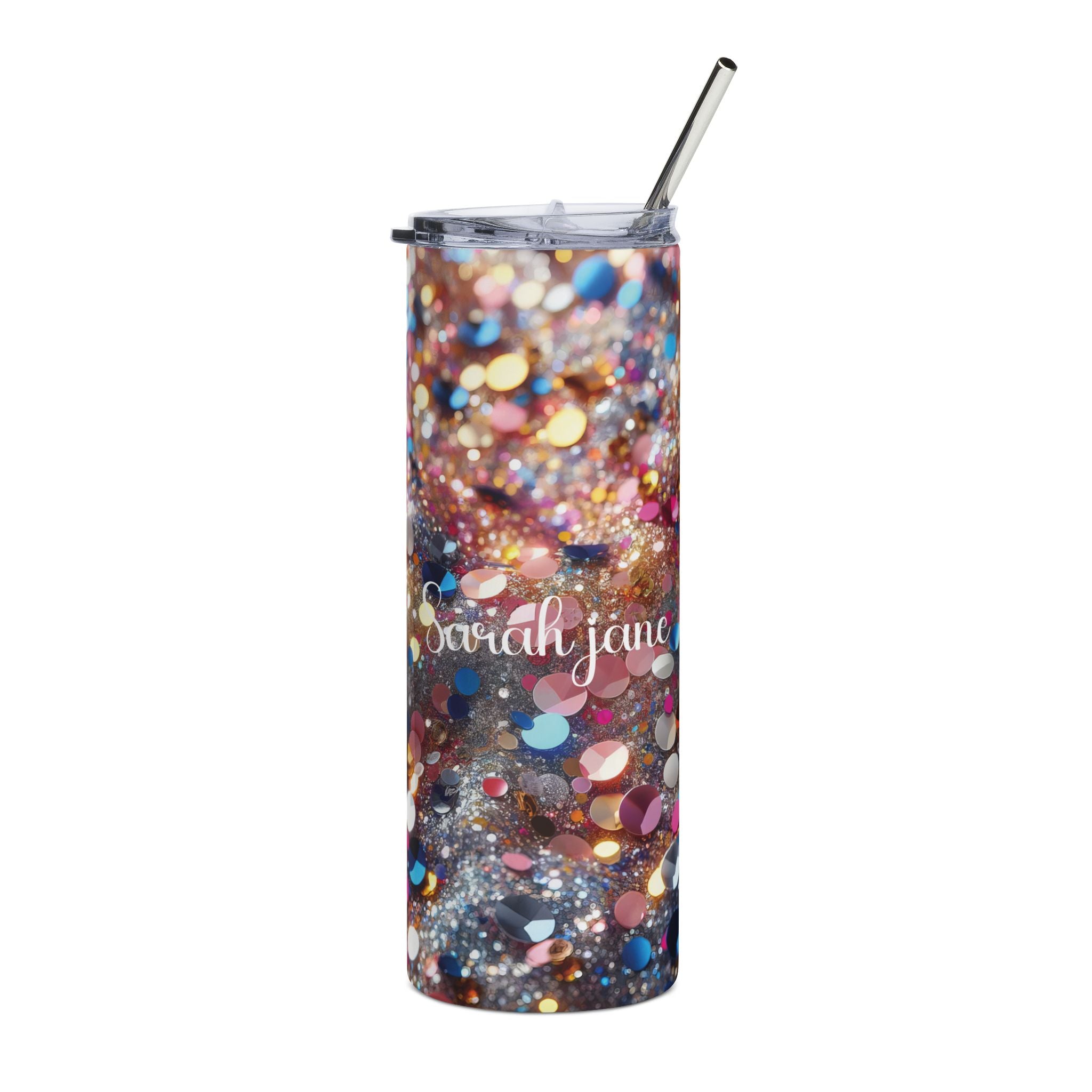 Personalized glitter-look sparkle skinny tumbler with metal straw and a name in white script