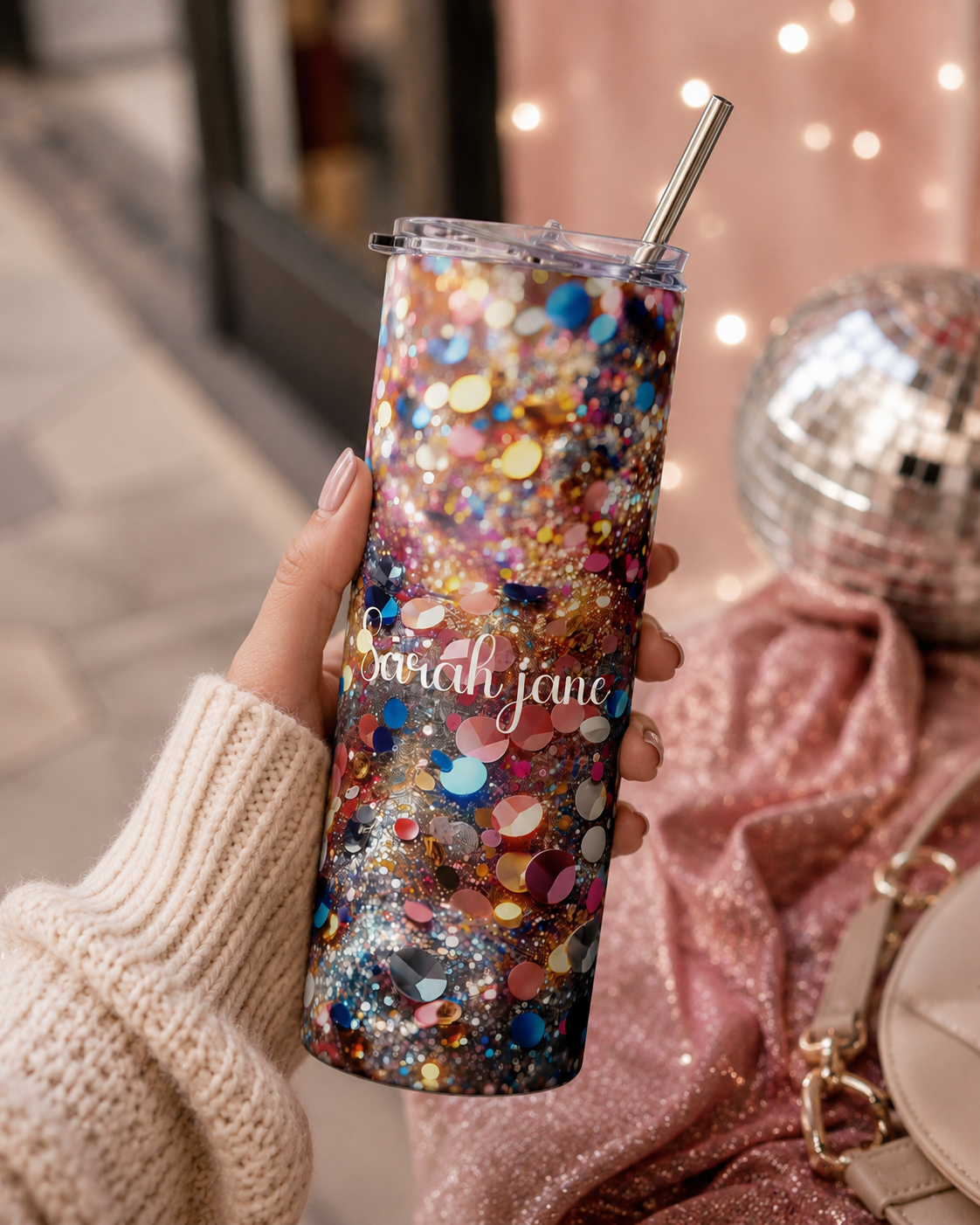 Glitter-look tumbler held in hand in an everyday lifestyle scene