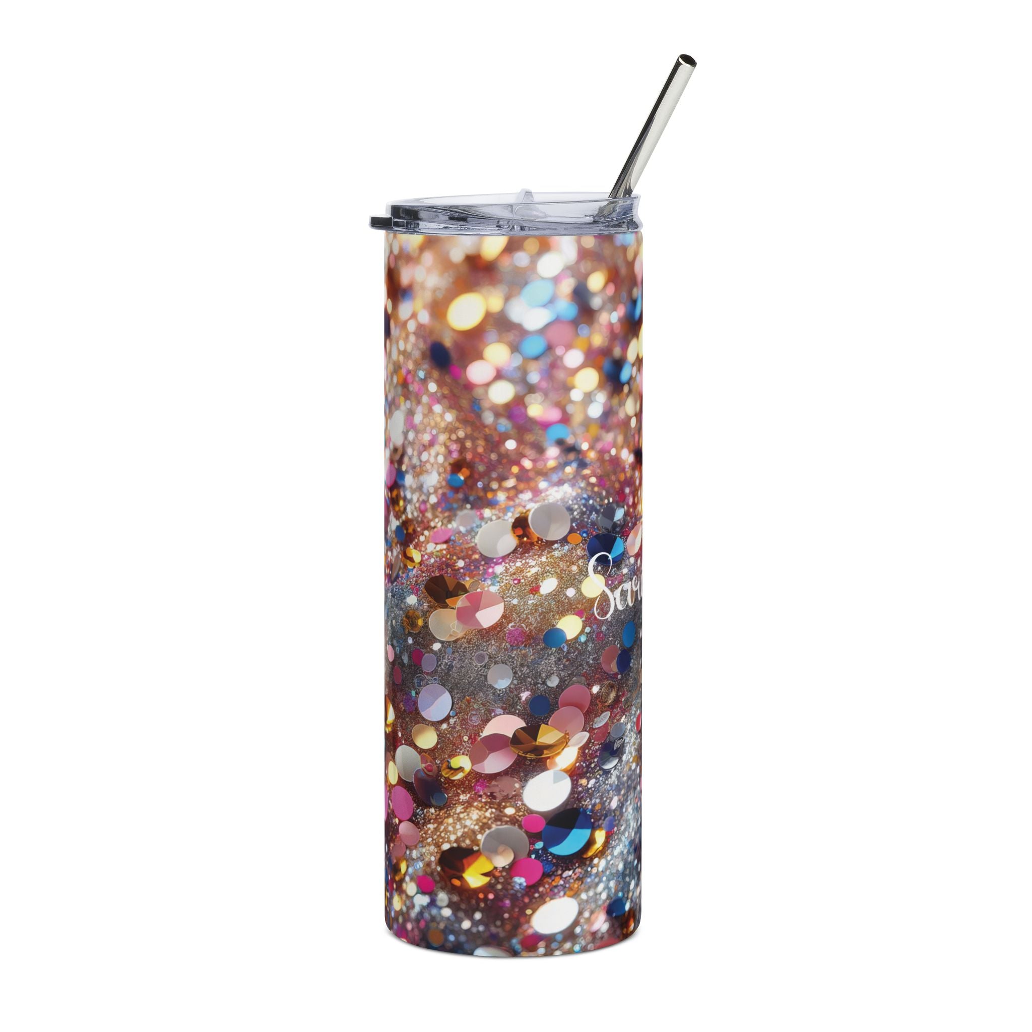 Side view of the sparkle skinny tumbler showing the colorful glitter-look print wrapping around