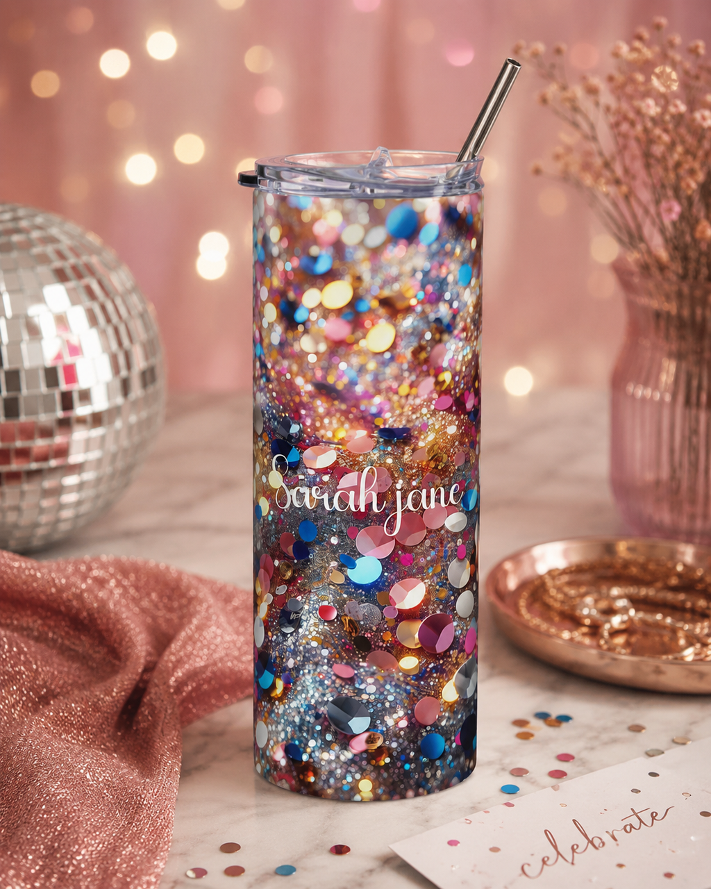 Sparkle skinny tumbler styled with festive props in a glam lifestyle scene