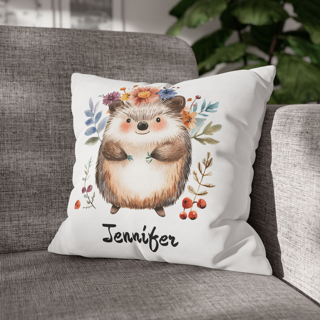 Close-up of the soft canvas fabric of the hedgehog nursery pillow