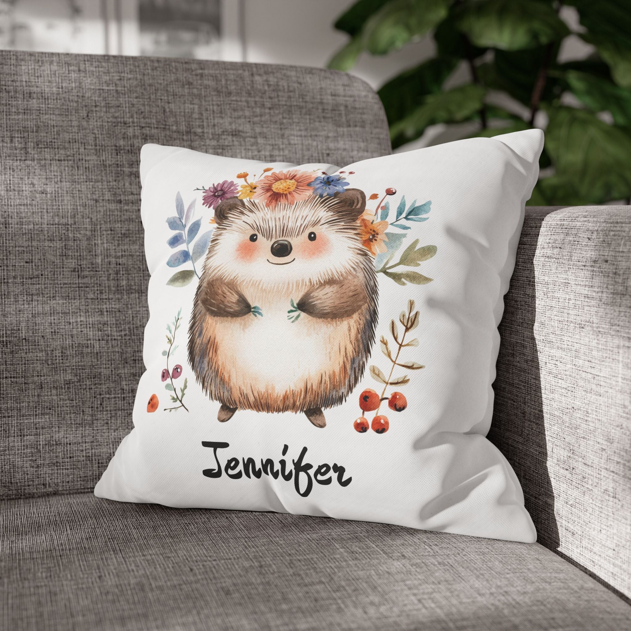 Close-up of the soft canvas fabric of the hedgehog nursery pillow