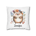 Personalized nursery pillow with a watercolour baby hedgehog in a flower crown and a custom child's name
