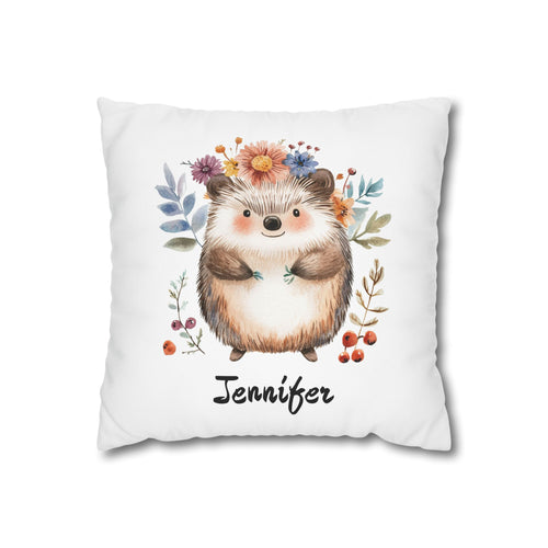 Personalized nursery pillow with a watercolour baby hedgehog in a flower crown and a custom child's name