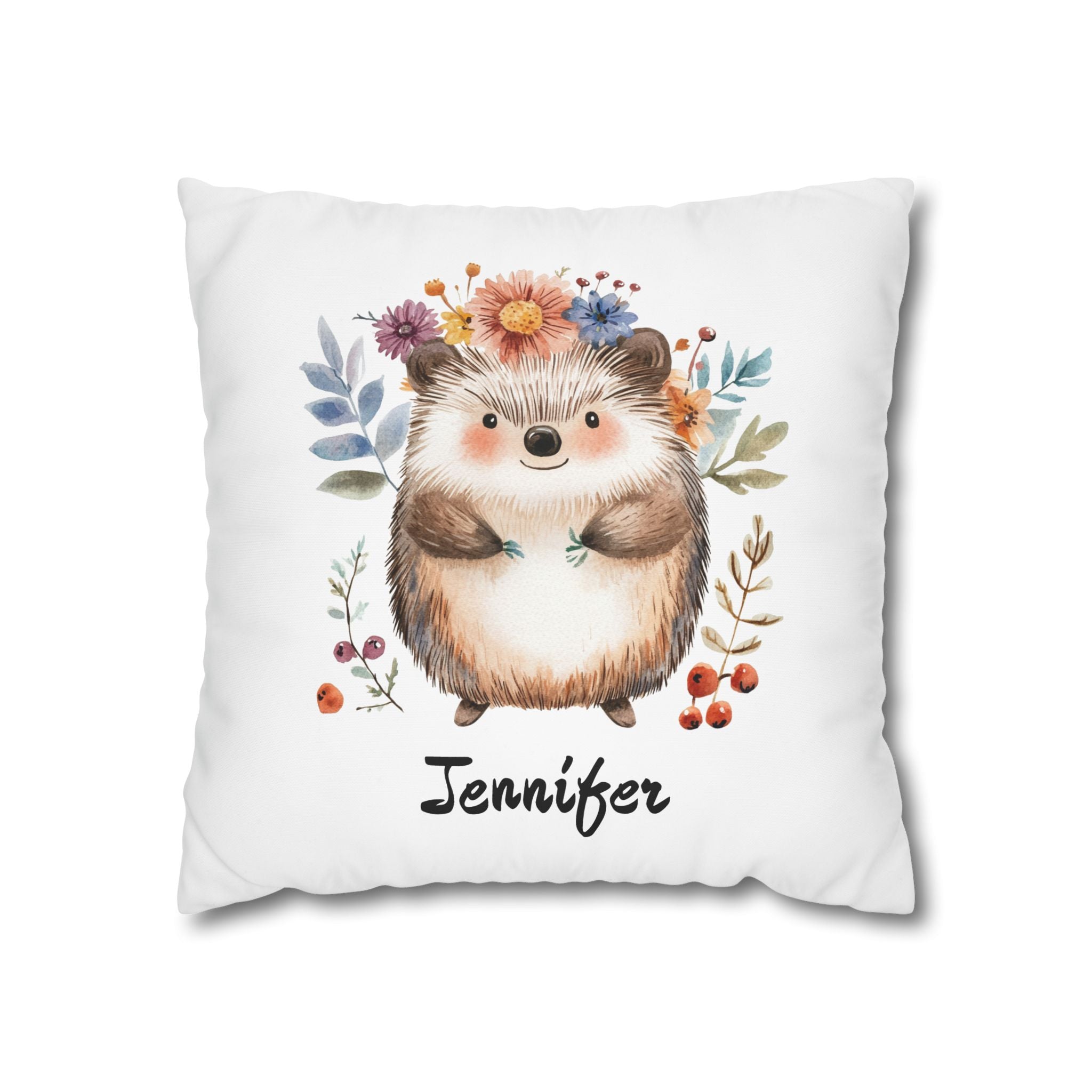 Personalized baby hedgehog nursery pillow resting on a child's bed