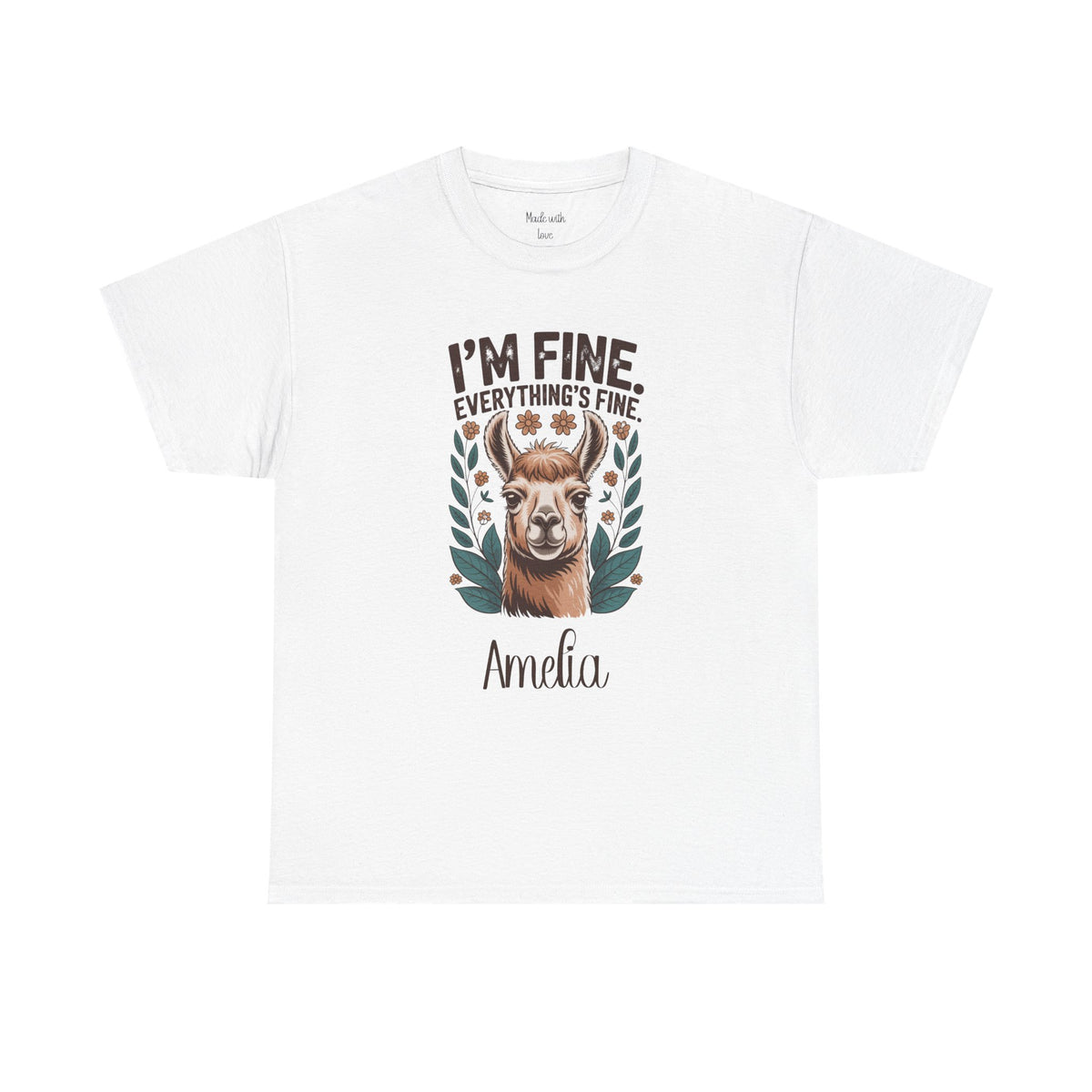Personalized I'm Fine Everything's Fine t-shirt with alpaca design