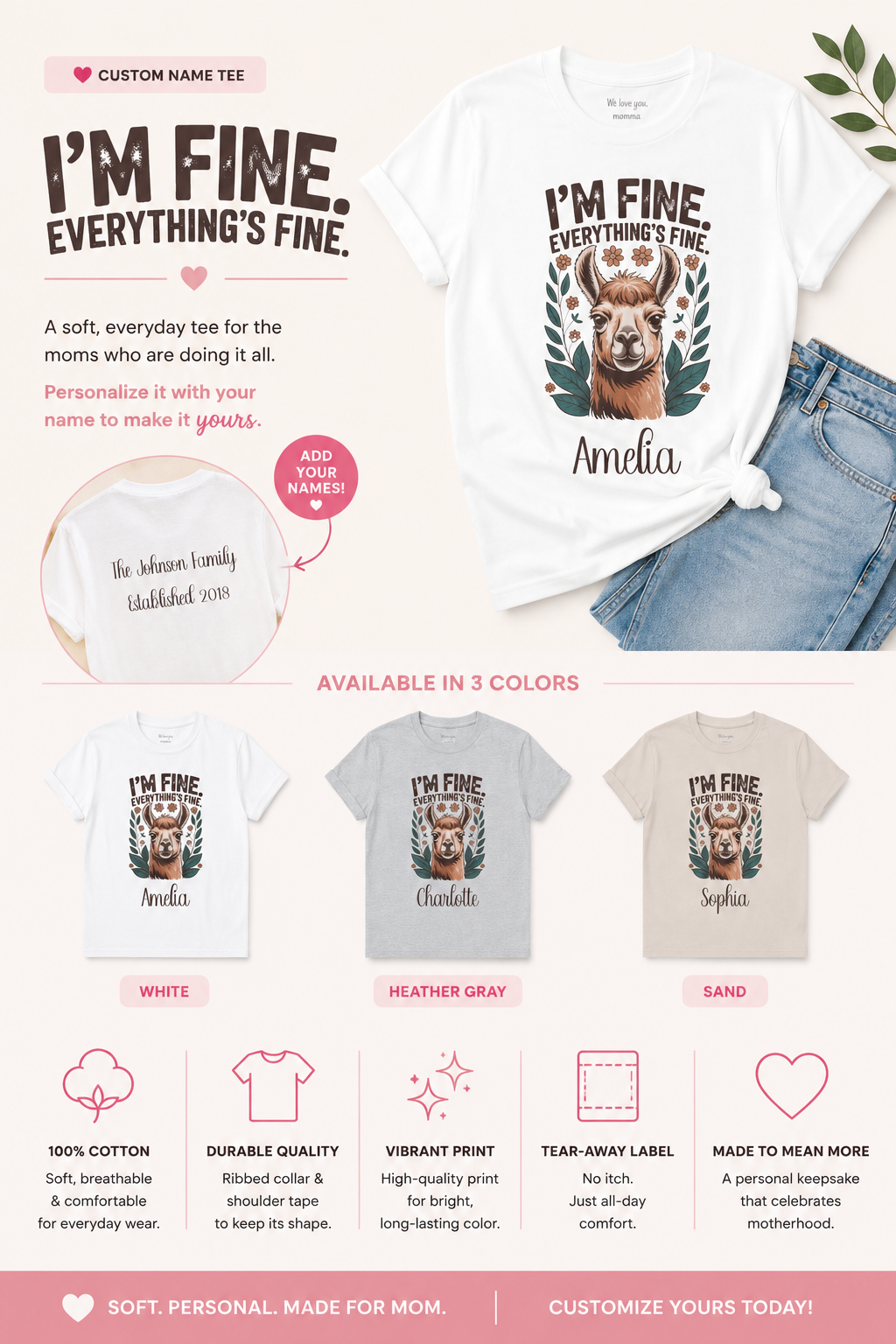 Custom name t-shirt graphic design template featuring a white t-shirt with a dog illustration and the text 'I'M FINE. EVERYTHING'S FINE.