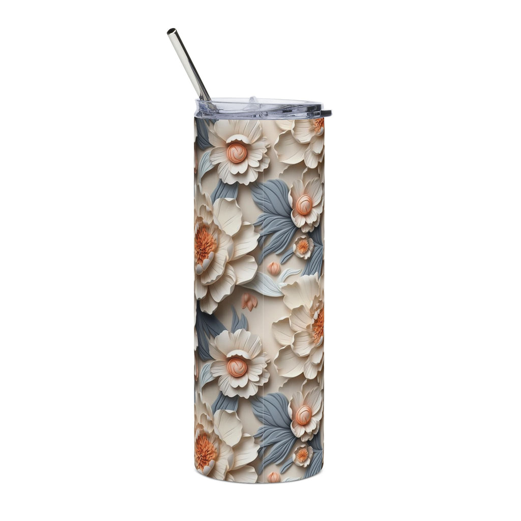 Close-up of the clear lid and metal straw on the ivory floral stainless steel tumbler