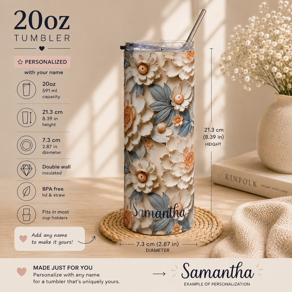 Ivory floral name tumbler styled on a desk in a soft neutral lifestyle scene