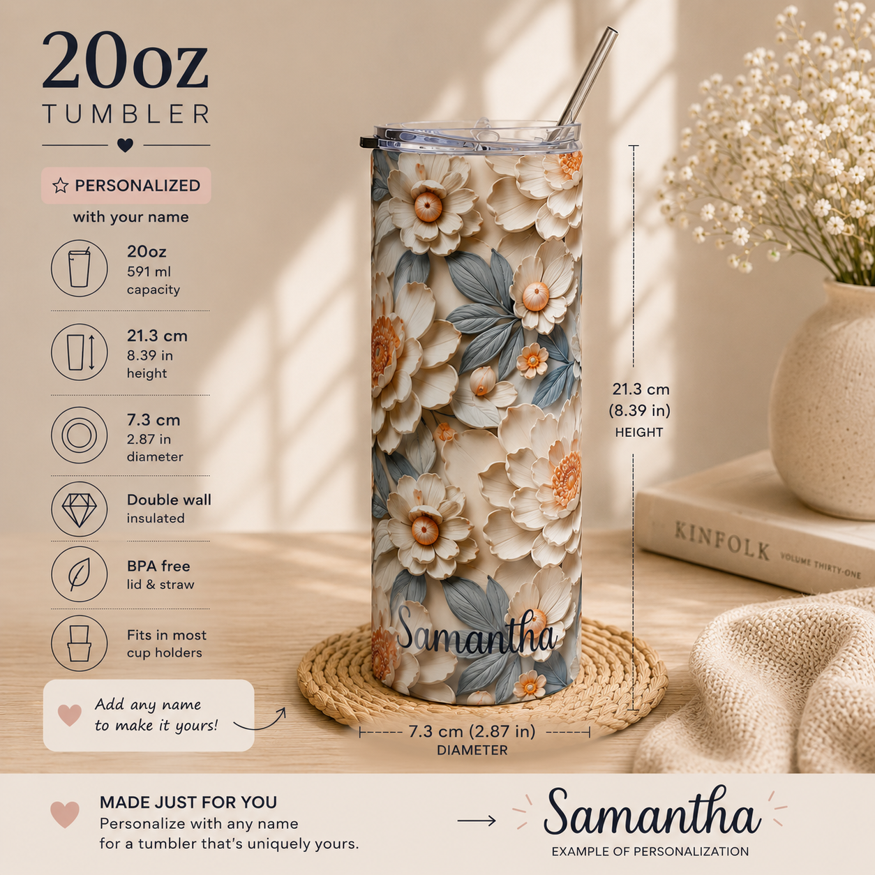 Ivory floral name tumbler styled on a desk in a soft neutral lifestyle scene