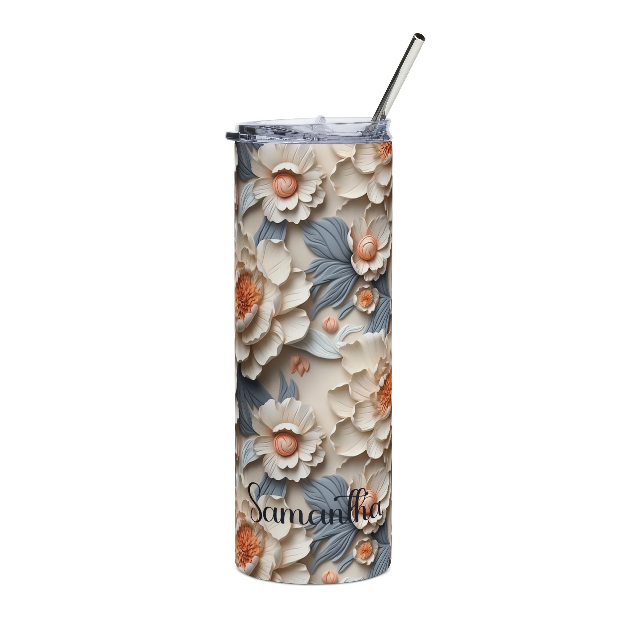 Personalized ivory and peach floral skinny tumbler with metal straw and a name in dark script
