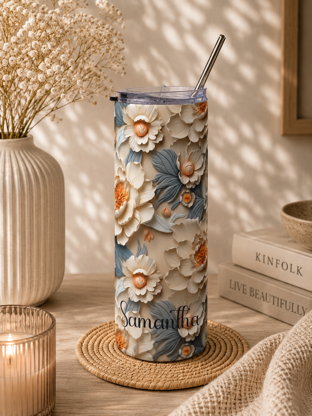 Ivory floral tumbler held in hand in an everyday lifestyle scene