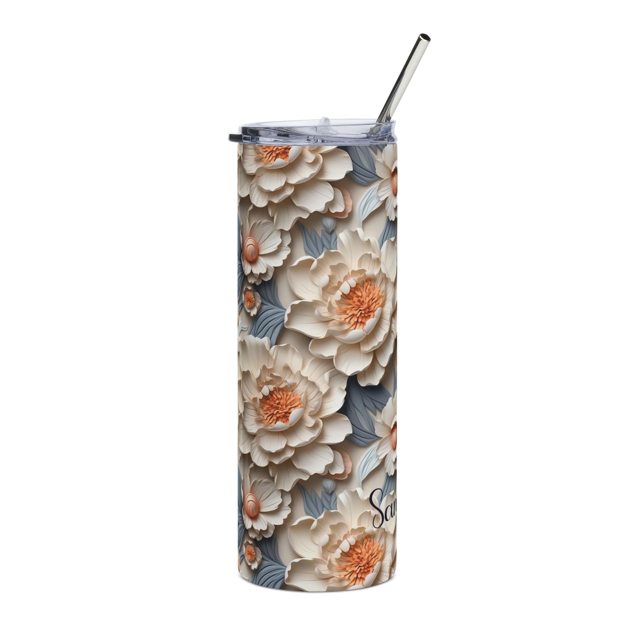 Side view of the ivory floral skinny tumbler showing the 3D blooms wrapping around