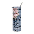 Personalized blue lace and pink 3D flower skinny tumbler with a clear lid and metal straw