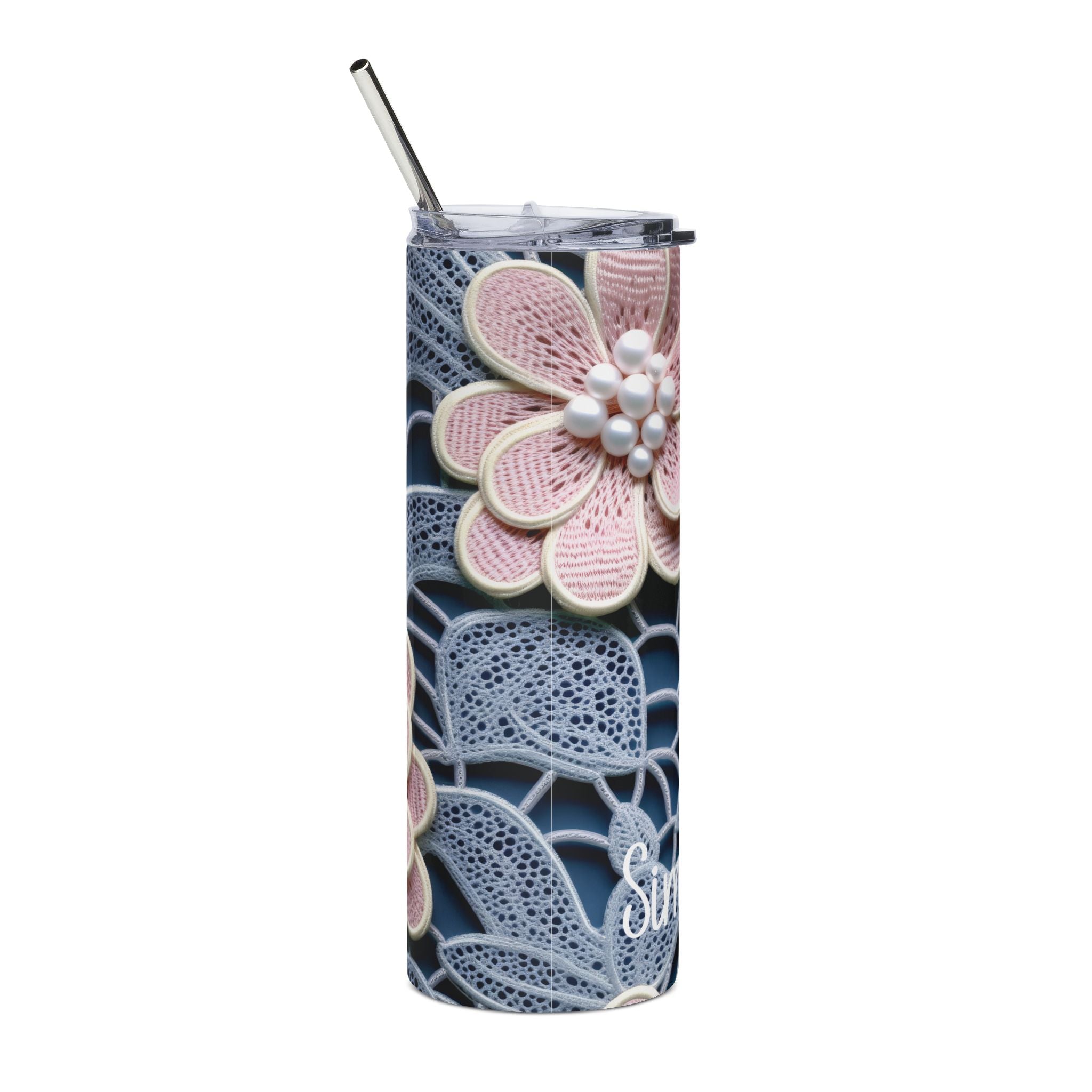 Close-up of the clear lid and metal straw on the lace floral stainless steel tumbler