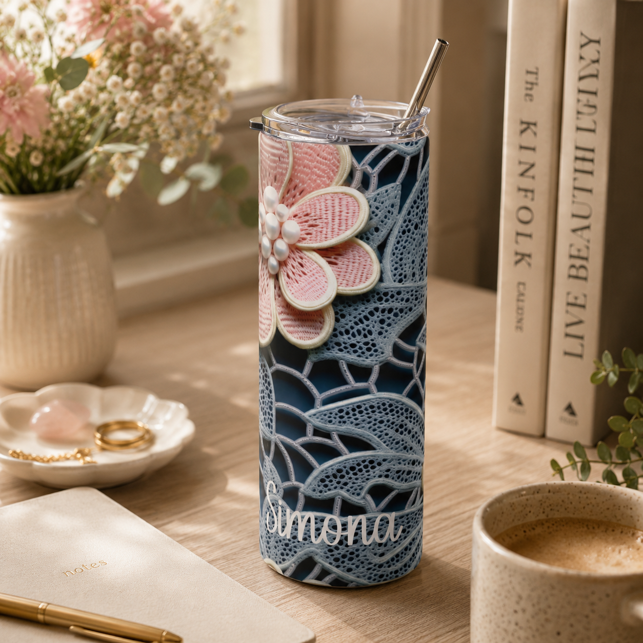 Blue lace floral tumbler styled on a craft table in a soft lifestyle scene