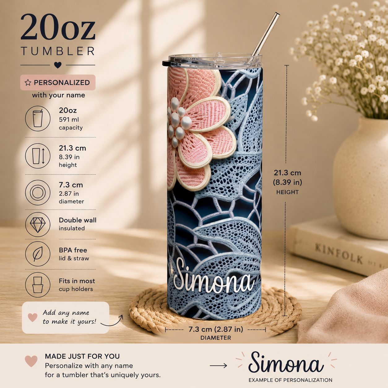Lace floral tumbler held in hand in an everyday lifestyle scene