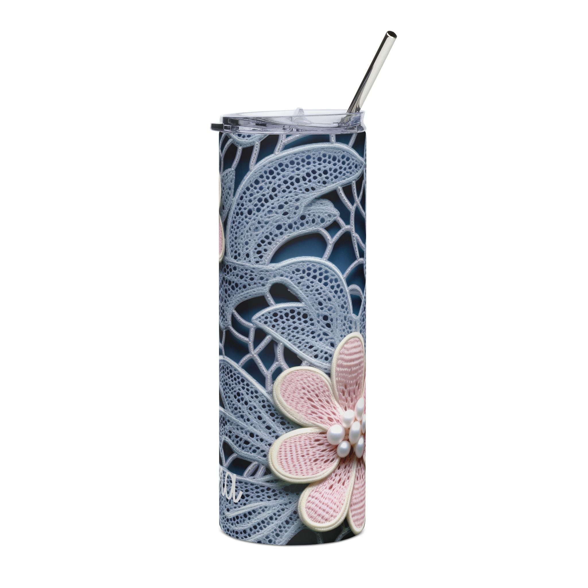 Side view of the lace floral skinny tumbler showing the blue lace and pink bloom wrapping around