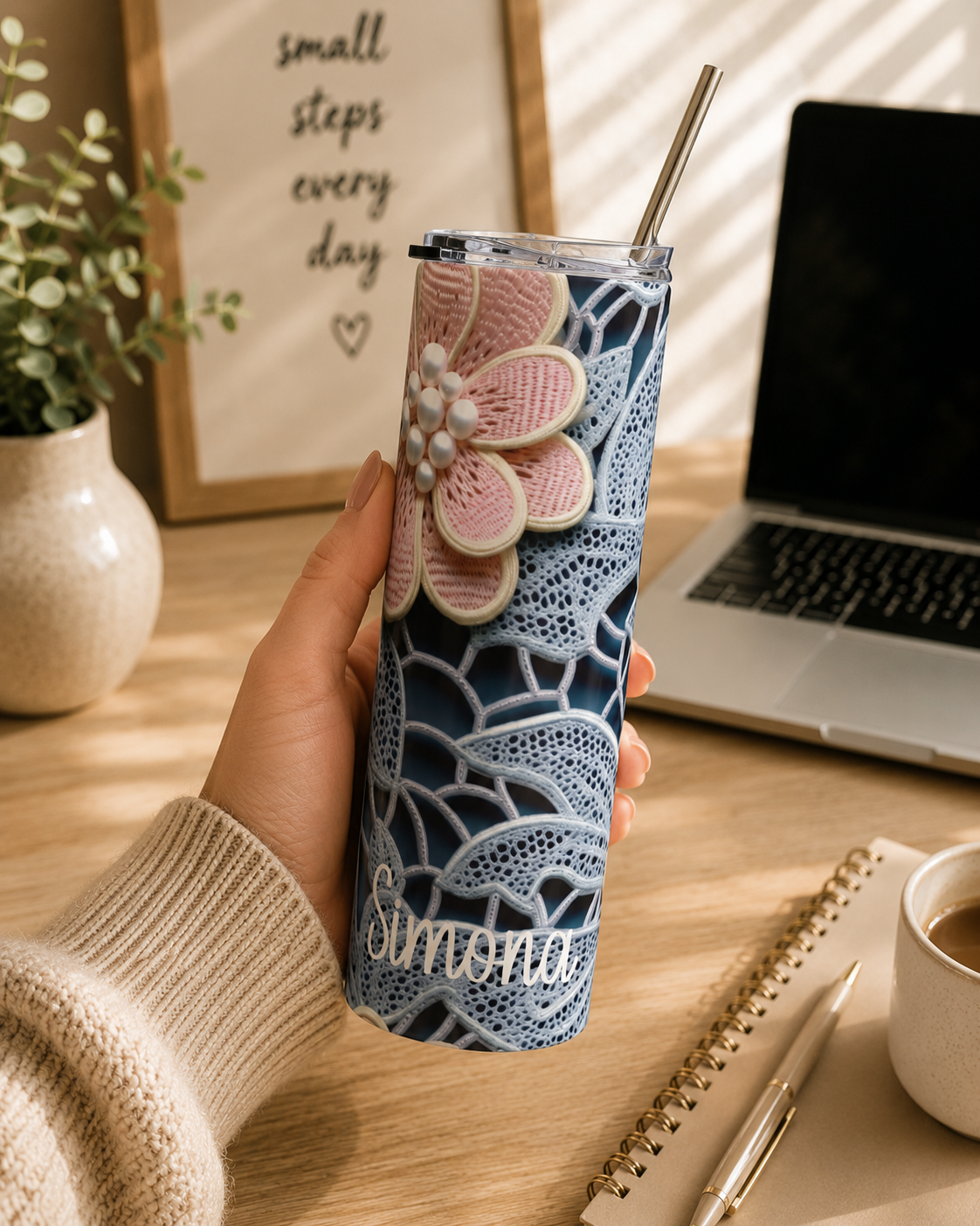 Lace floral skinny tumbler styled with delicate props in a lifestyle scene