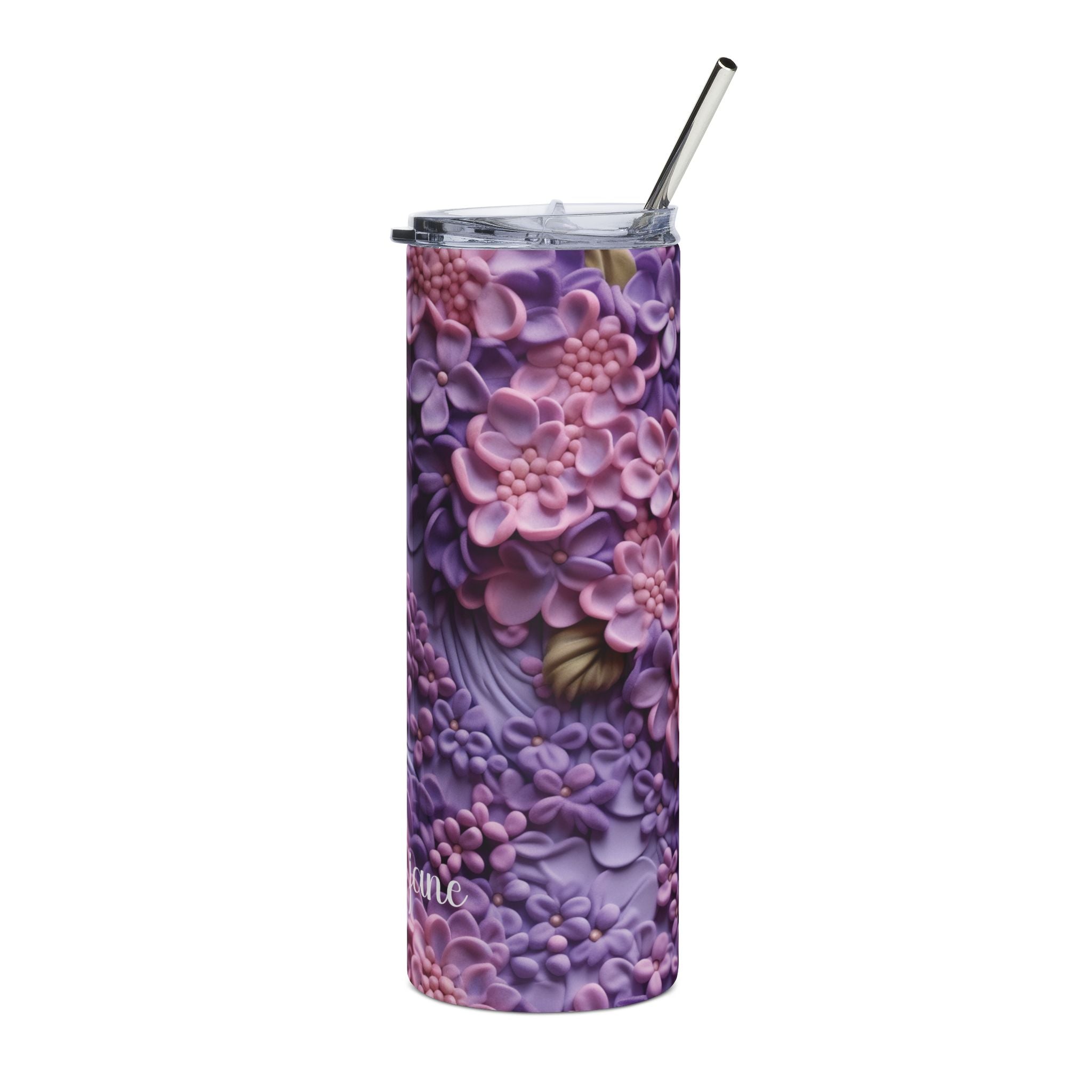 Personalized lilac floral tumbler shown from another angle to display the full purple design