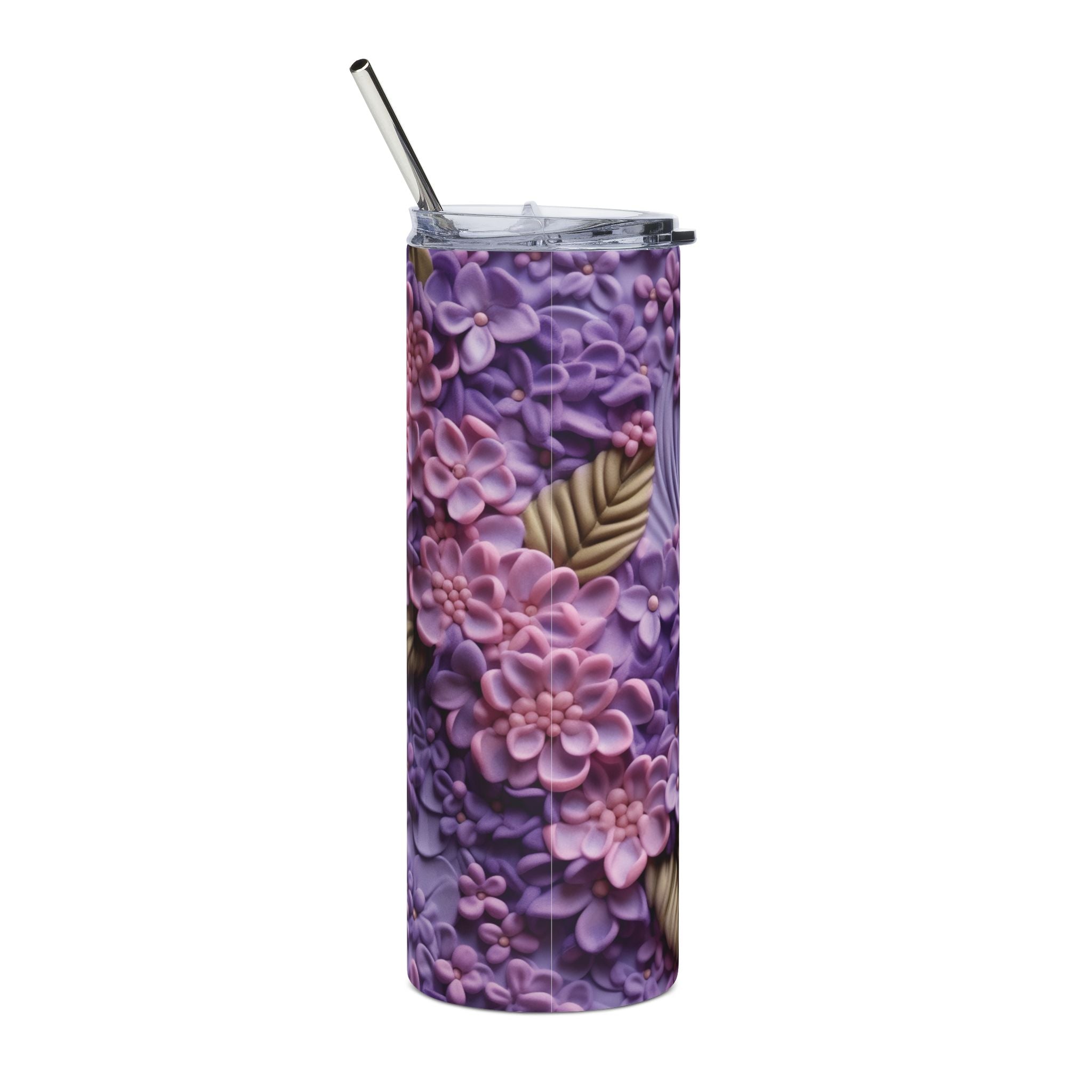Close-up of the clear lid and metal straw on the purple lilac stainless steel tumbler