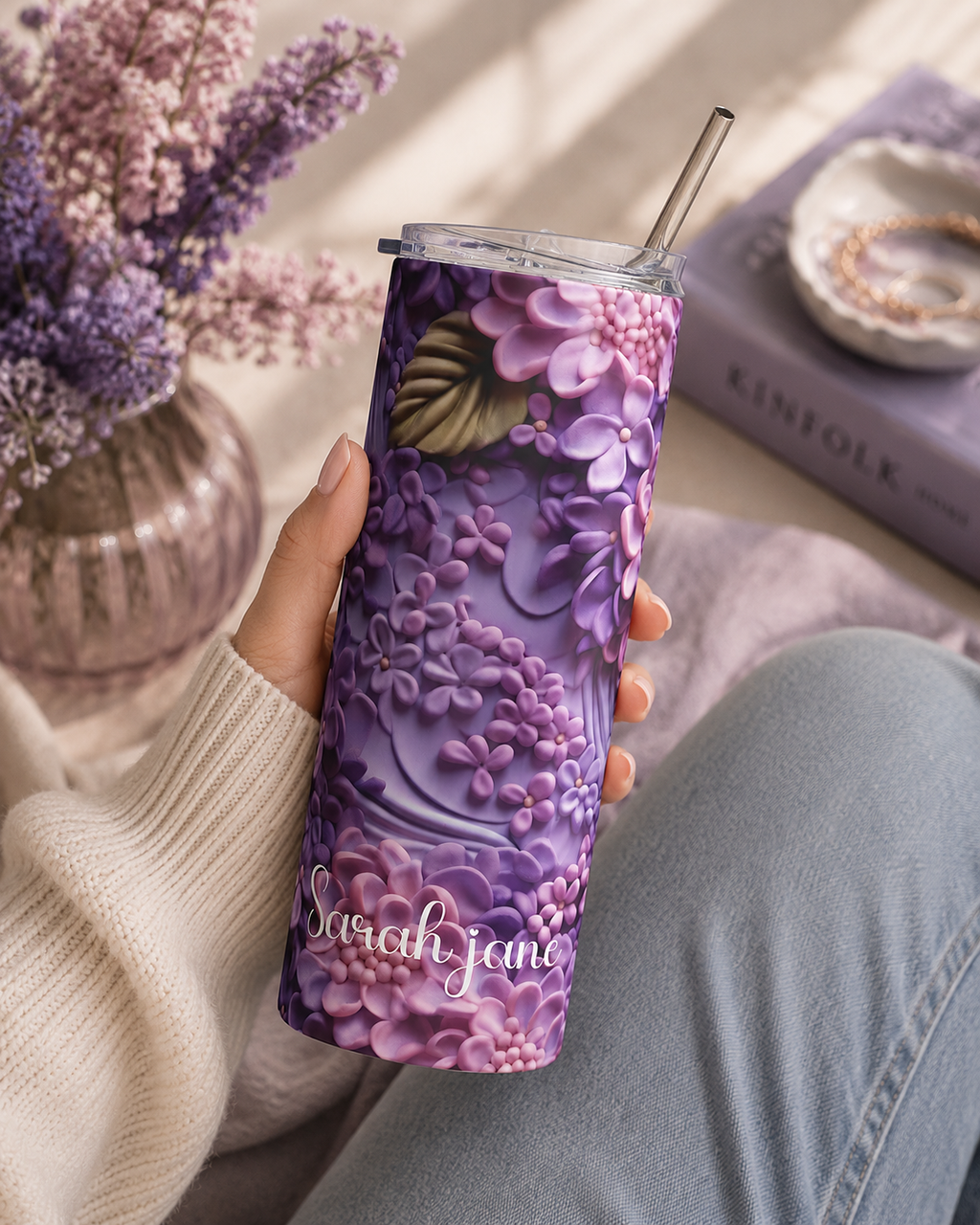 Purple lilac name tumbler styled on a desk in a soft lifestyle scene