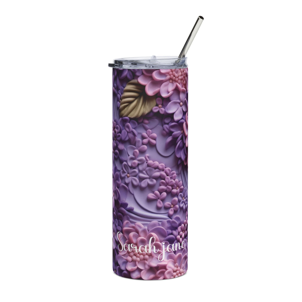 Personalized purple lilac floral skinny tumbler with metal straw and a name in white script