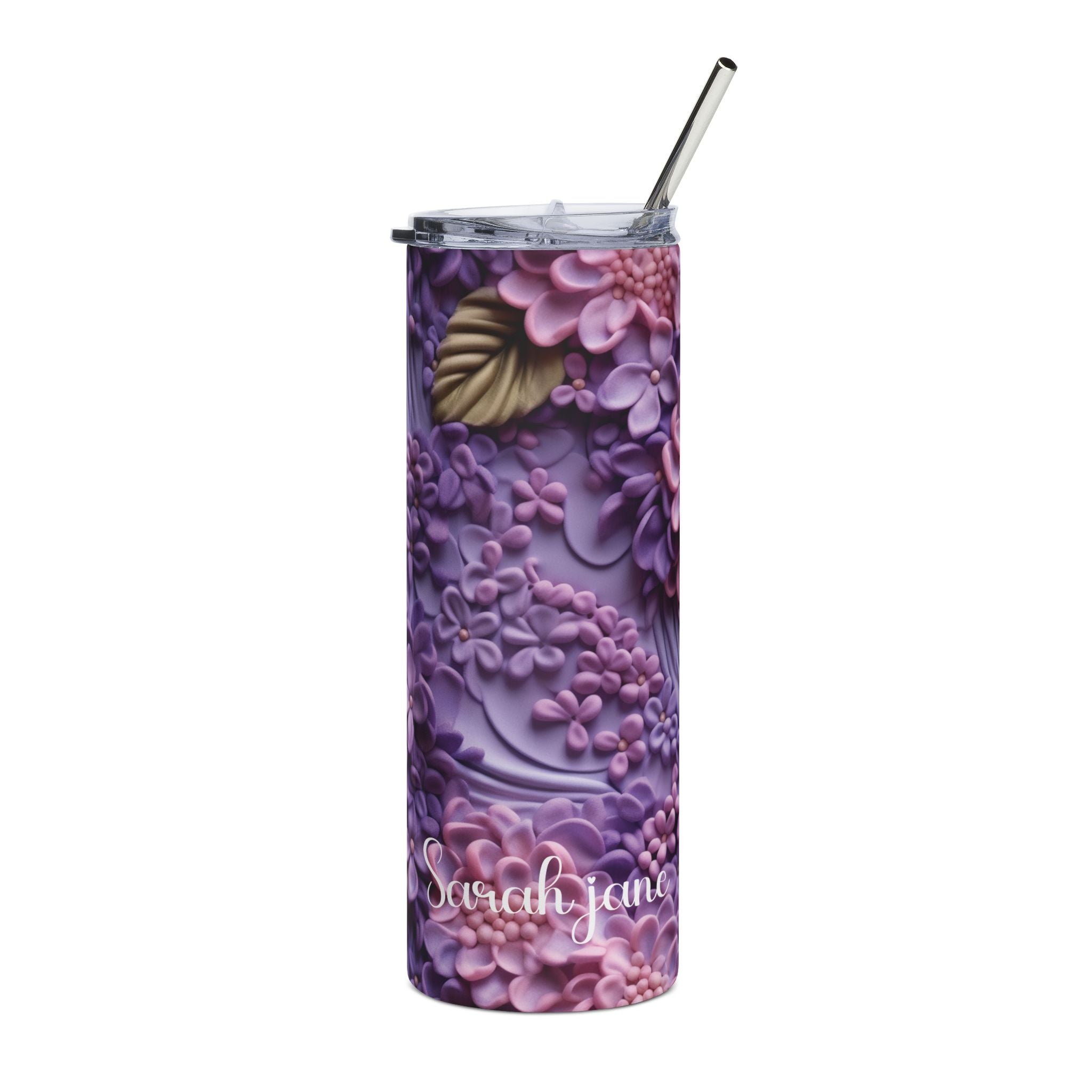 Personalized purple lilac floral skinny tumbler with metal straw and a name in white script
